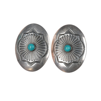 Large Vintage Navajo sterling hand stamped natural turquoise concho clip earrings