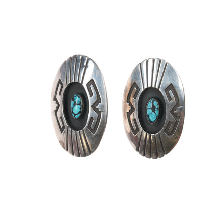 Large Vintage Navajo sterling high grade turquoise shadowbox clip-on earrings