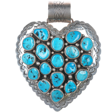 Huge Secatero Navajo Sterling Kingman turquoise cluster heart pendant