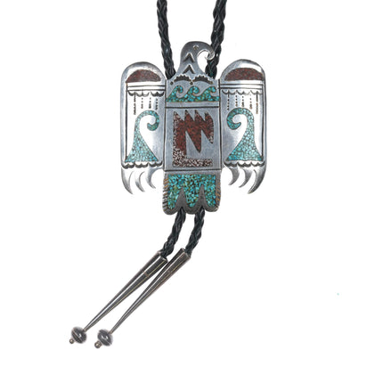 Large 1970's Navajo Sterling chip inlay thunderbird bolo tie