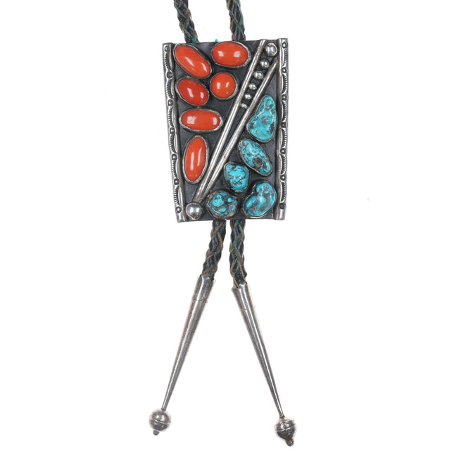 1970's OCF Native American sterling, turquoise, and coral patriotic bolo tie