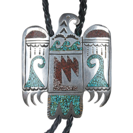 Large 1970's Navajo Sterling chip inlay thunderbird bolo tie