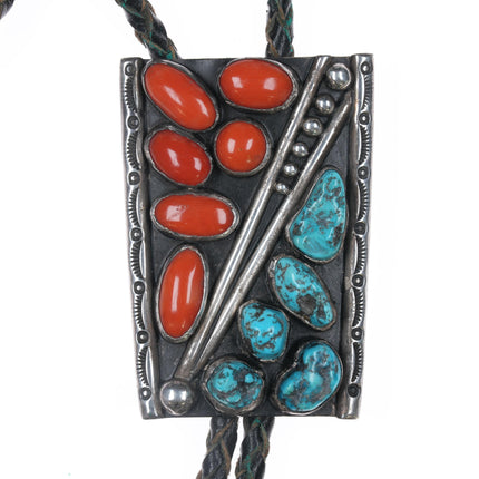 1970's OCF Native American sterling, turquoise, and coral patriotic bolo tie