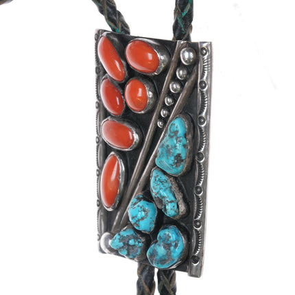 1970's OCF Native American sterling, turquoise, and coral patriotic bolo tie