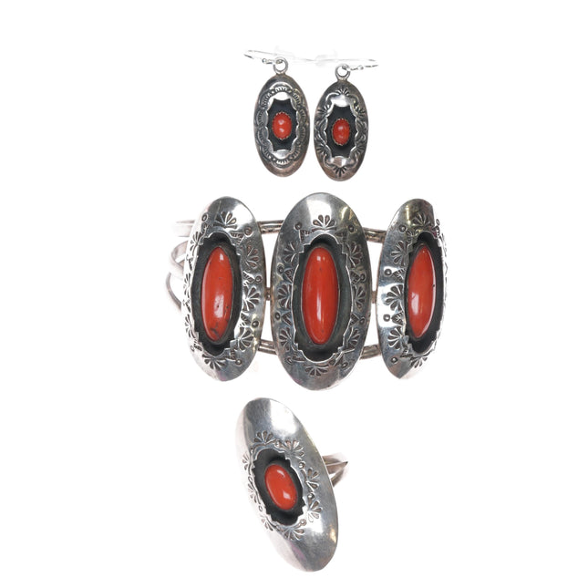 6.75" Vintage Navajo Sterling shadowbox ring, earrings, cuff bracelet coral set