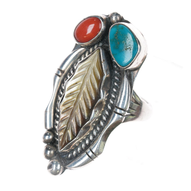 sz6.75 Roy Vandever Navajo sterling, carved shell, turquoise, and coral ring