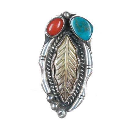 sz6.75 Roy Vandever Navajo sterling, carved shell, turquoise, and coral ring