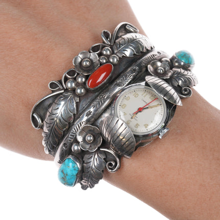 6.25" Phil Chapo Navajo sterling, turquoise and coral watch cuff bracelet.