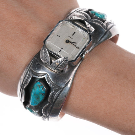 6.25" Vintage Native American hand stamped silver watch cuff bracelet w/turquoise