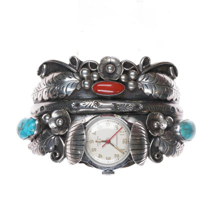 6.25" Phil Chapo Navajo sterling, turquoise and coral watch cuff bracelet.