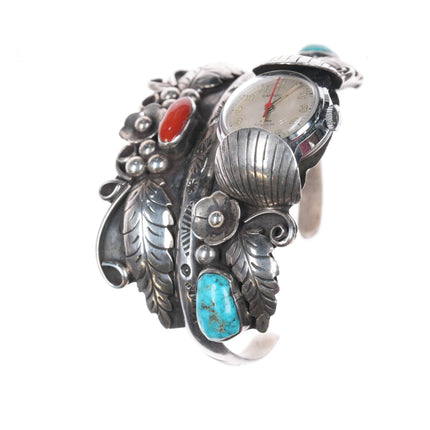 6.25" Phil Chapo Navajo sterling, turquoise and coral watch cuff bracelet.