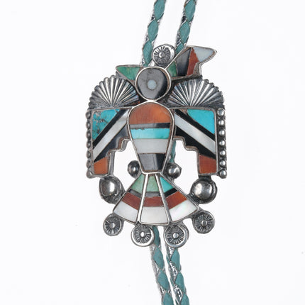 40's-50's Zuni silver channel inlay thunderbird bolo tie