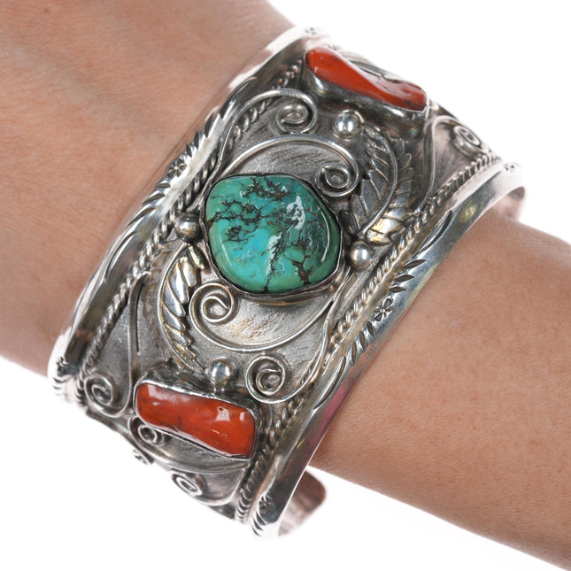 7.5" Large 1970's Navajo sterling, turquoise, and coral cuff bracelet