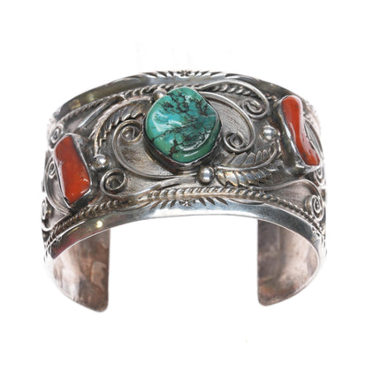 7.5" Large 1970's Navajo sterling, turquoise, and coral cuff bracelet