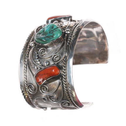 7.5" Large 1970's Navajo sterling, turquoise, and coral cuff bracelet