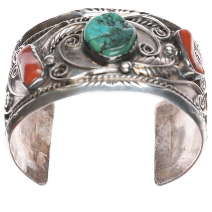 7.5" Large 1970's Navajo sterling, turquoise, and coral cuff bracelet