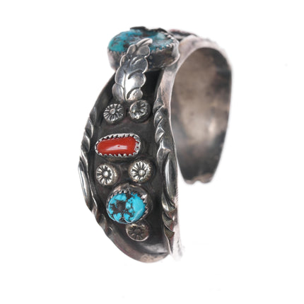 6 3/8" 1970's Native American sterling, turquoise, and coral cuff bracelet