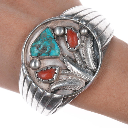 Richard Henry Yazzie, Navajo (1927-2000) heavy sterling, turquoise, and coral cuff bracelet