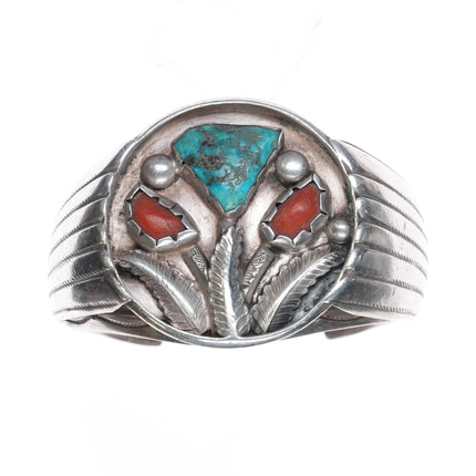 Richard Henry Yazzie, Navajo (1927-2000) heavy sterling, turquoise, and coral cuff bracelet