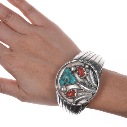 Richard Henry Yazzie, Navajo (1927-2000) heavy sterling, turquoise, and coral cuff bracelet