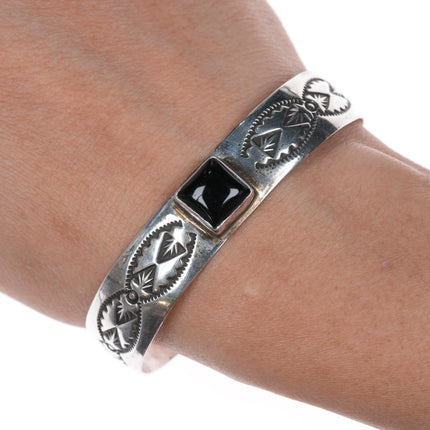 6 5/8" Tom Sam Navajo hand stamped sterling and onyx cuff bracelet