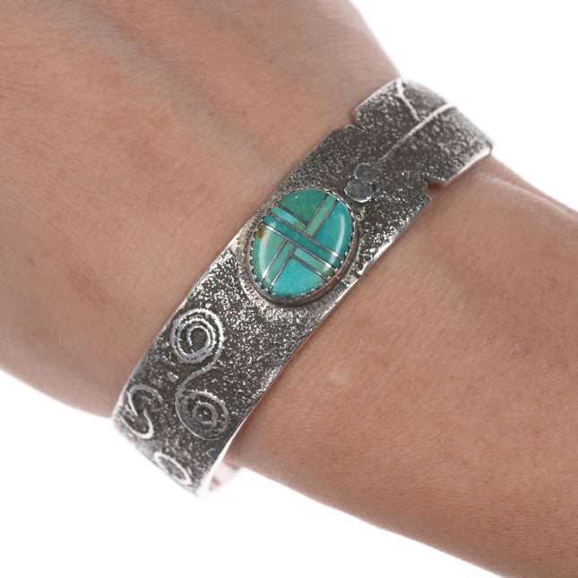 6.5" Andrew Henry Navajo sterling petroglyph turquoise channel inlay cuff bracelet