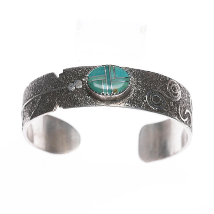 6.5" Andrew Henry Navajo sterling petroglyph turquoise channel inlay cuff bracelet