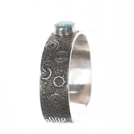 6.5" Andrew Henry Navajo sterling petroglyph turquoise channel inlay cuff bracelet