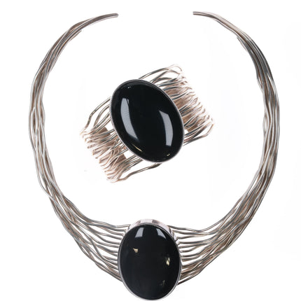 Retro sterling wire/onyx collar and cuff bracelet set