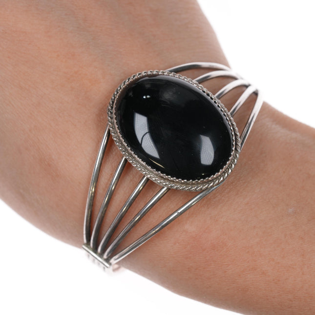 6.5" Retro Native American H Springy sterling and onyx cuff bracelet