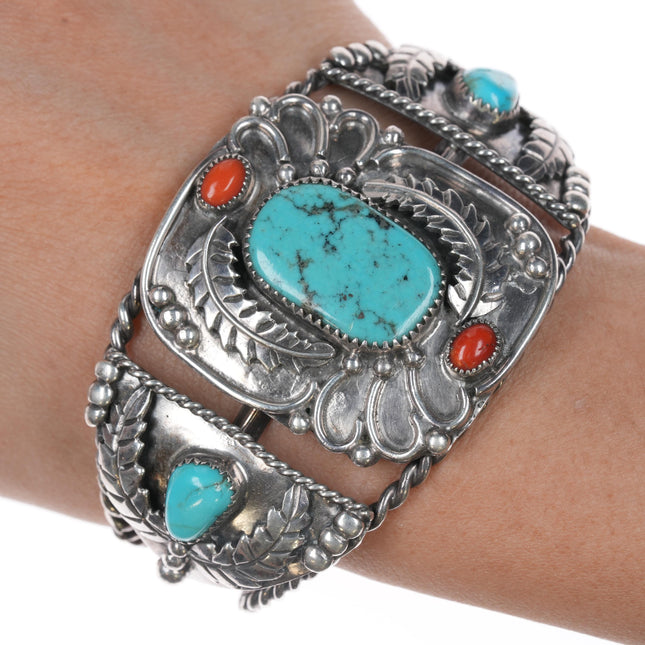 6.75" Vintage Native American twisted silver wire coral and turquoise cuff bracelet