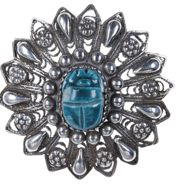 Antique Egyptian Revival Silver filigree carved Scarab pin