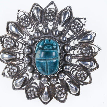 Antique Egyptian Revival Silver filigree carved Scarab pin