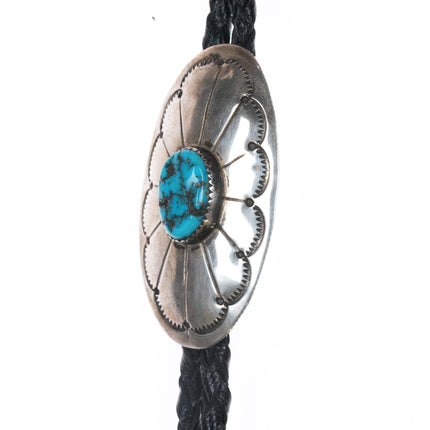 Vintage Coin silver Native American bolo tie with turquoise