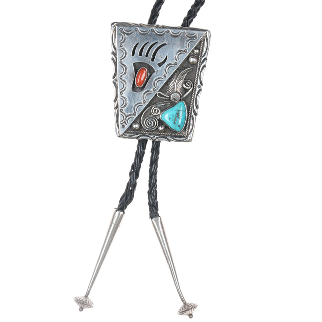 1970's J Navajo Sterling bolo tie with turquoise and coral