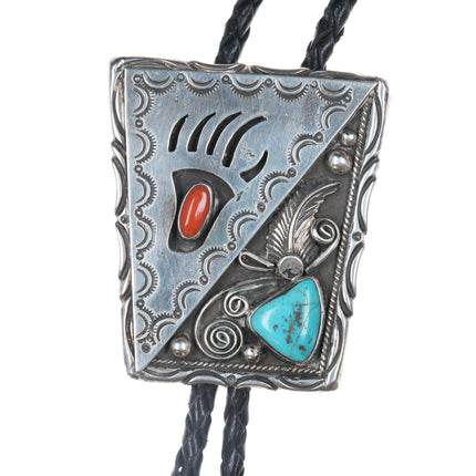 1970's J Navajo Sterling bolo tie with turquoise and coral