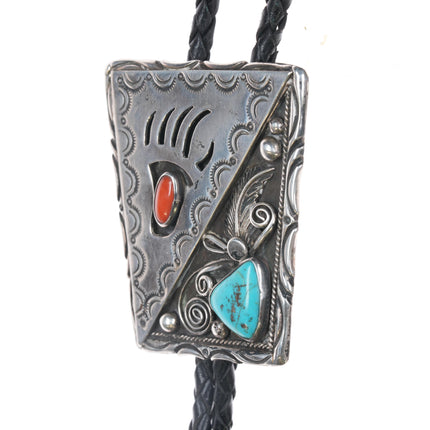 1970's J Navajo Sterling bolo tie with turquoise and coral