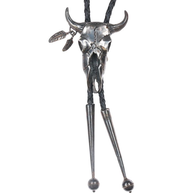 Vintage Sterling cow skull bolo tie with feather dangles