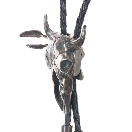 Vintage Sterling cow skull bolo tie with feather dangles