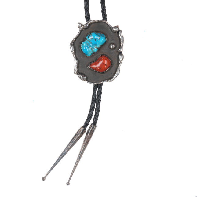 c1960 c-31 Freeform sterling Native American coral and turquoise bolo tie