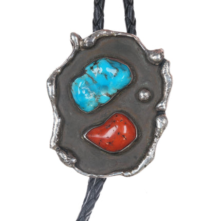 c1960 c-31 Freeform sterling Native American coral and turquoise bolo tie