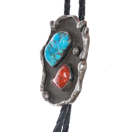 c1960 c-31 Freeform sterling Native American coral and turquoise bolo tie