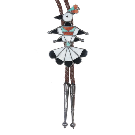 40's-50's Zuni silver channel inlay bird bolo tie with handmade tips