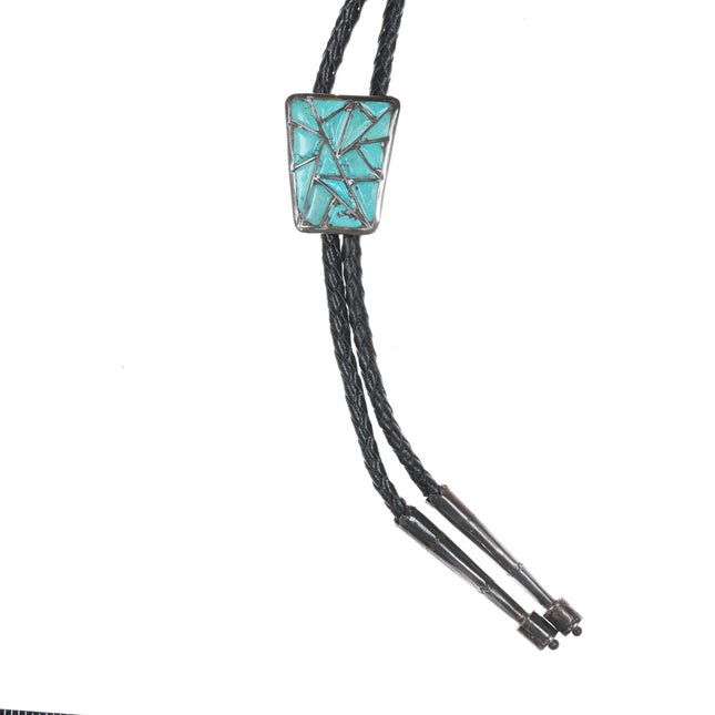 40's-50's Zuni Natural turquoise silver bolo tie with fancy drum tips