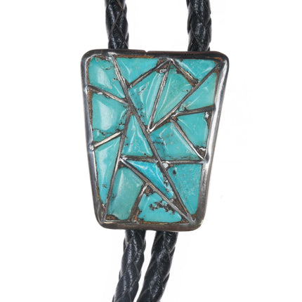 40's-50's Zuni Natural turquoise silver bolo tie with fancy drum tips