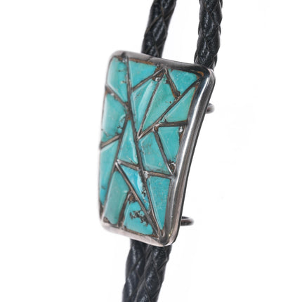 40's-50's Zuni Natural turquoise silver bolo tie with fancy drum tips