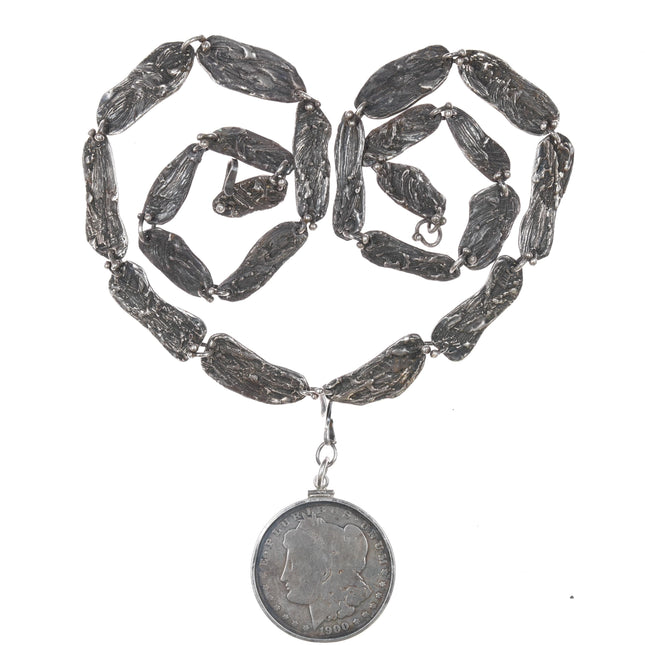 26" c1960 Helen Beckerhoff modernist sterling necklace with 1900 US silver dollar pendant