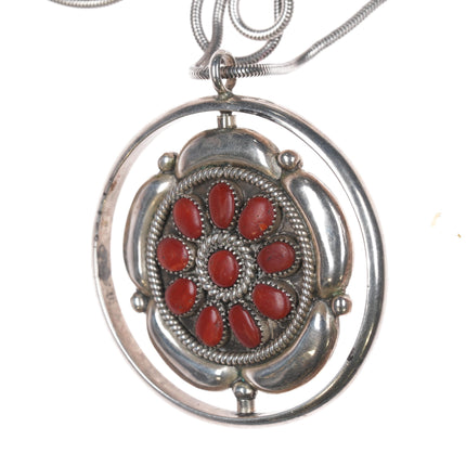 Fred & Elsie Lonconsello Reversible spinner pendant turquoise and coral sterling