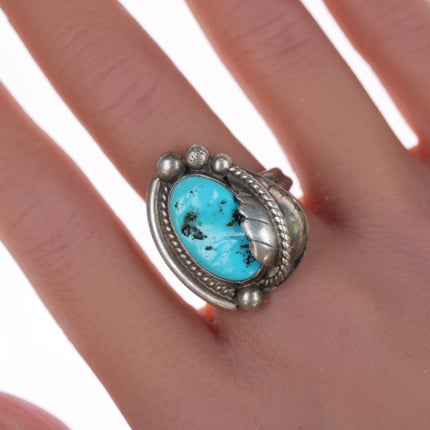 sz8 Vintage Native American silver and turquoise ring with leaf