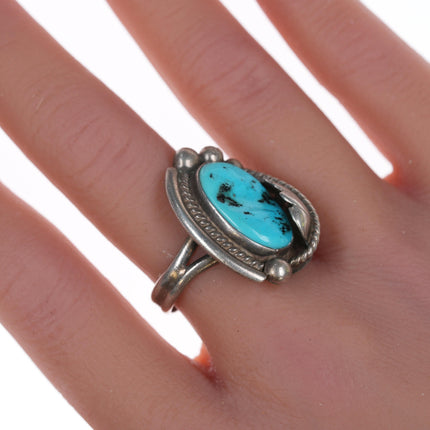 sz8 Vintage Native American silver and turquoise ring with leaf